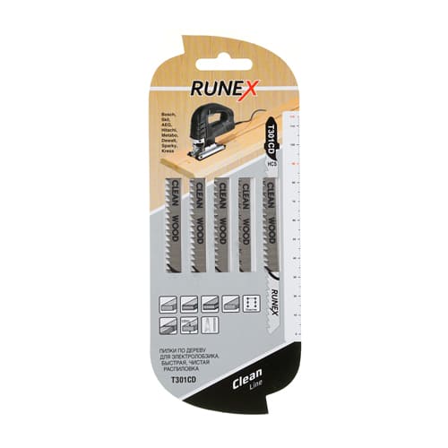 Пилки для лобзика T301CD Runex 115х90мм 8зуб д/древесины фанеры ламината пластика h=6-60мм 5шт/уп