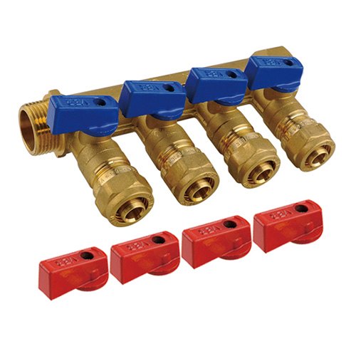 Коллектор с шаровой кран. 3/4"х1/6"м-4вых . с цангой VIEIR VR704