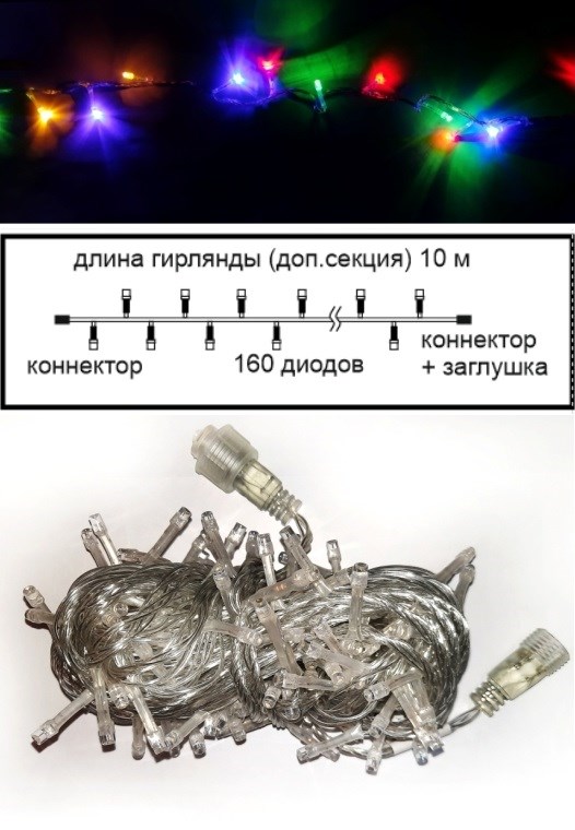 Ecola Гирлянда-нить ул. 160LED RGB, 10м, 8реж, прозр.провод с вилкой 220V IP44