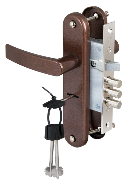 Замок врезной сувальдный с защелкой в комплекте с ручкой ЗВ9-4-2(бронза)