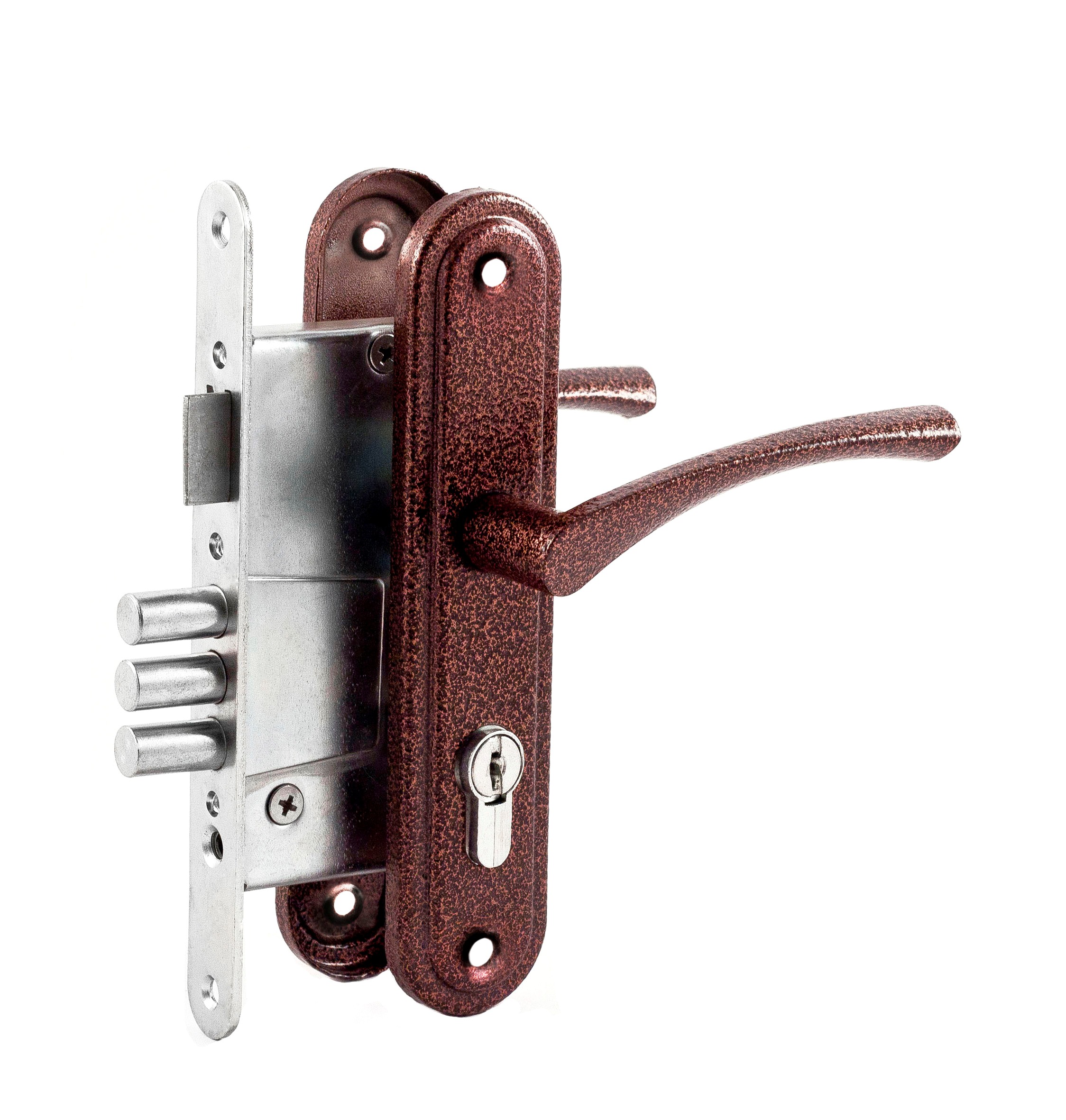 Замок врезной цилиндровый с защелкой в комплекте с ручкой 3В4-3.05 (бронза)