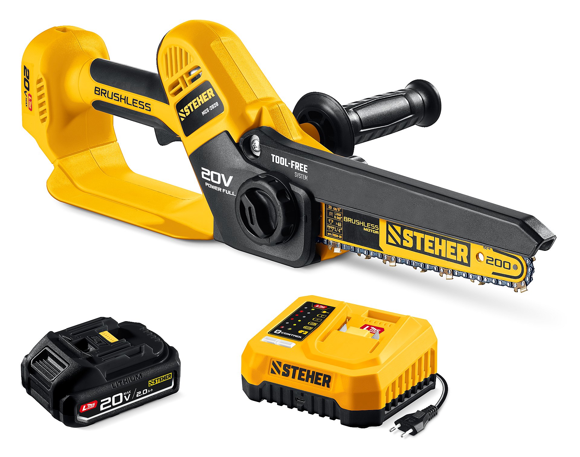STEHER Мини-пила цепная аккум.200мм шина, 1АКБ (2 Ач) MCS-2020-21