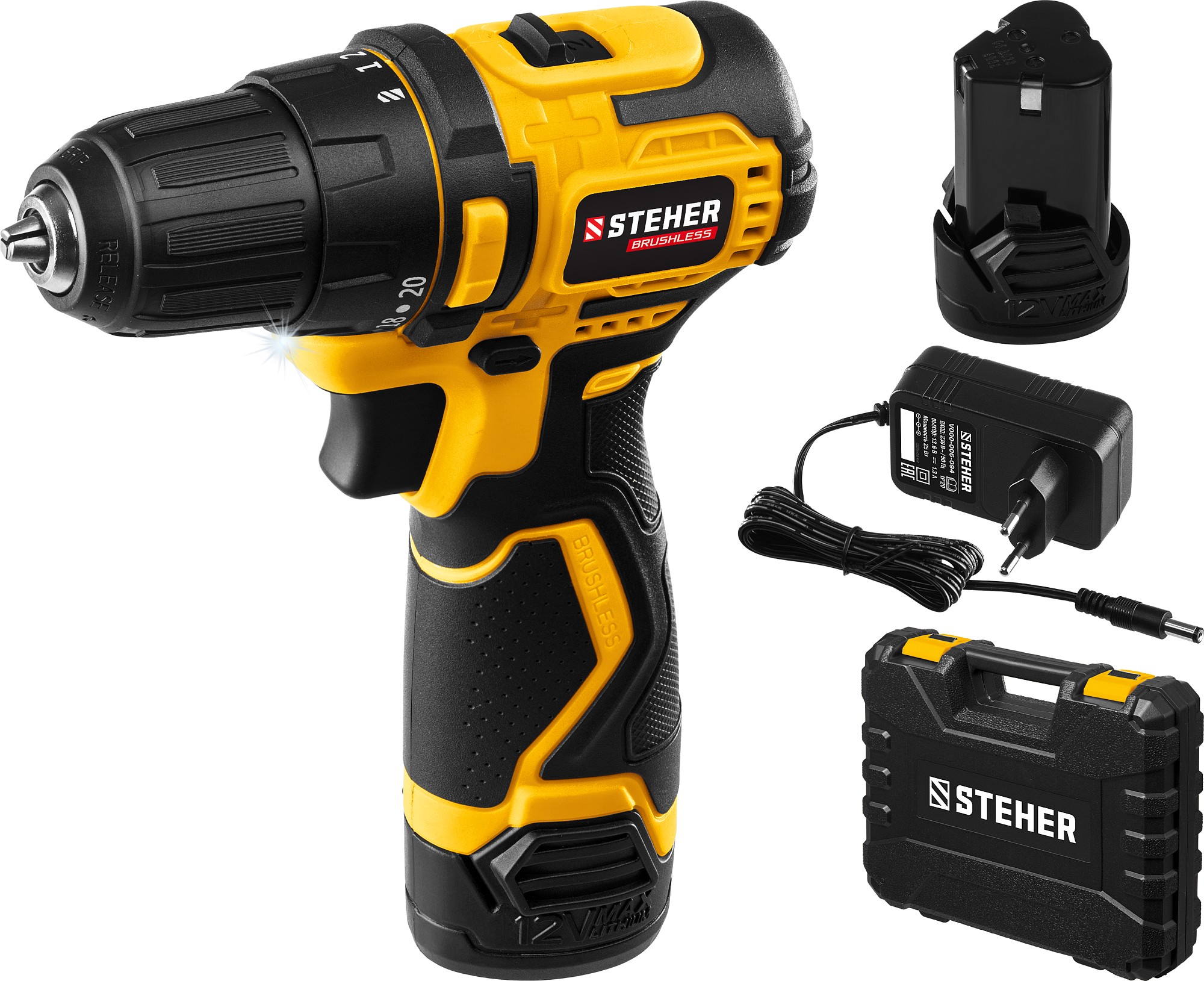 Бесщеточная дрель-шуруповерт,кейс STEHER 12В,2 АКБ