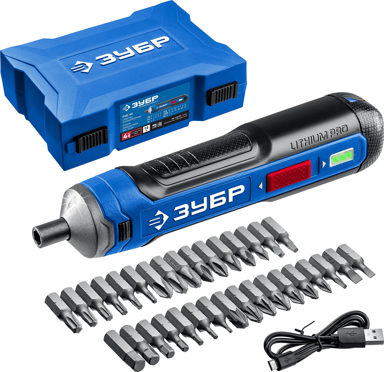 Аккумуляторная отвертка ZUBR GO 4 кейс,33 биты