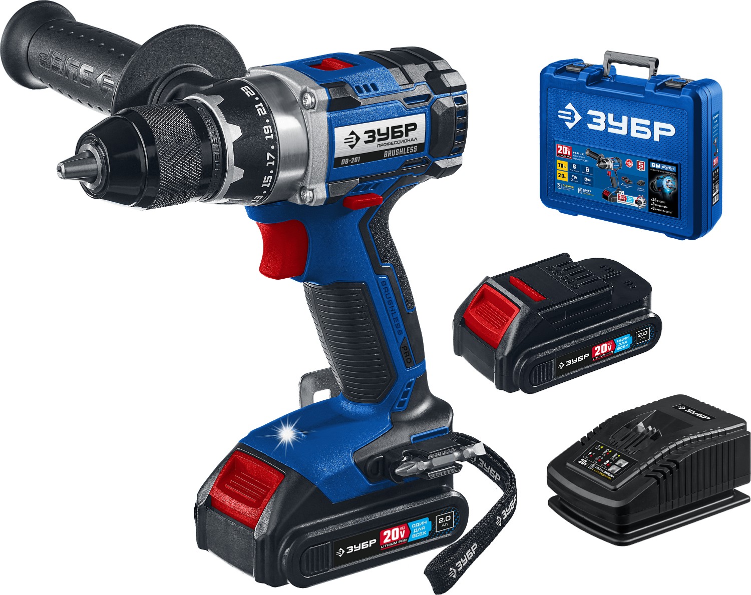 ЗУБР 20В, бесщеточная дрель-шуруповерт, 2 АКБ (2Ач), в кейсе, профес. DB-201-22