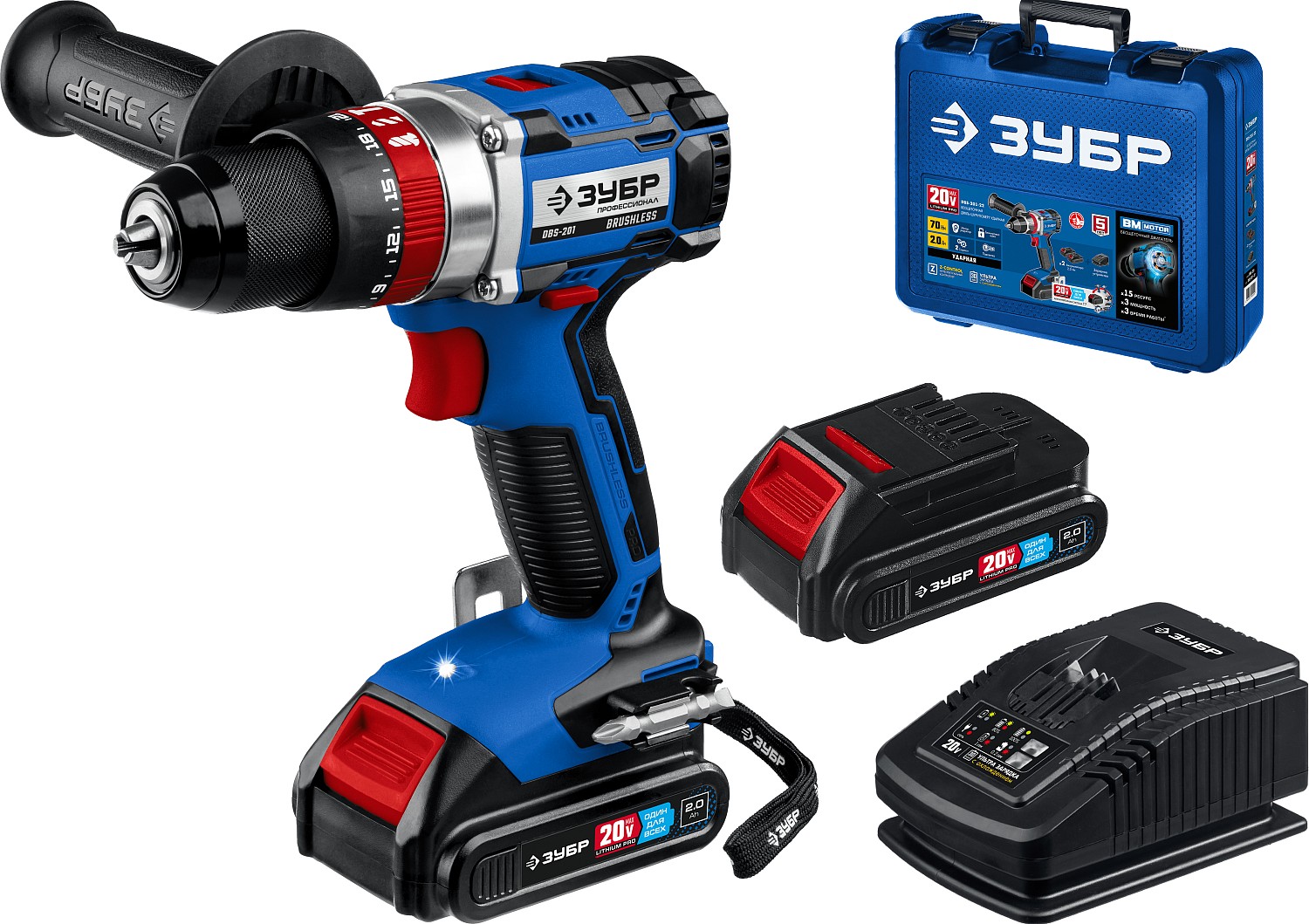 Бесщеточная ударная дрель-шуруповерт, кейс,ЗУБР Т7, 20 В, 70 Нм, 2 АКБ (2 Ач) Профессионал