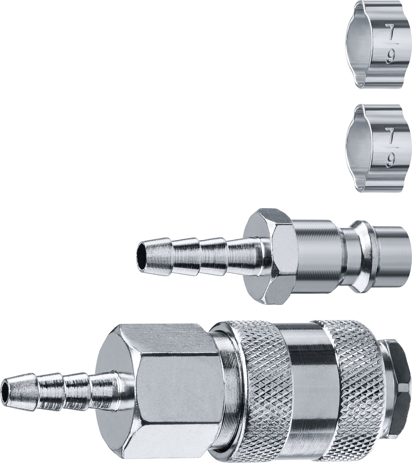 Набор (штуцер ″елочка″ 6 мм - рапид муфта) + (рапид штуцер-штуцер ″елочка″ 6 мм) + (обжимные хомуты