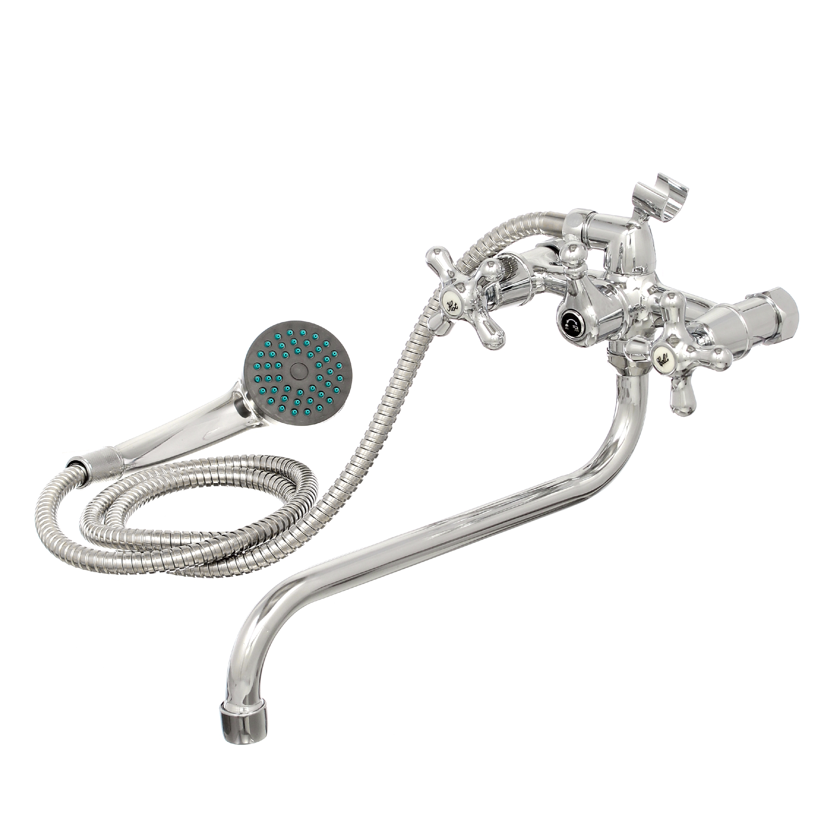 Смеситель двухвент.д/ванны,шаровый,лейка, шланг настен,керам.кран-букс 1/2 67-0-704