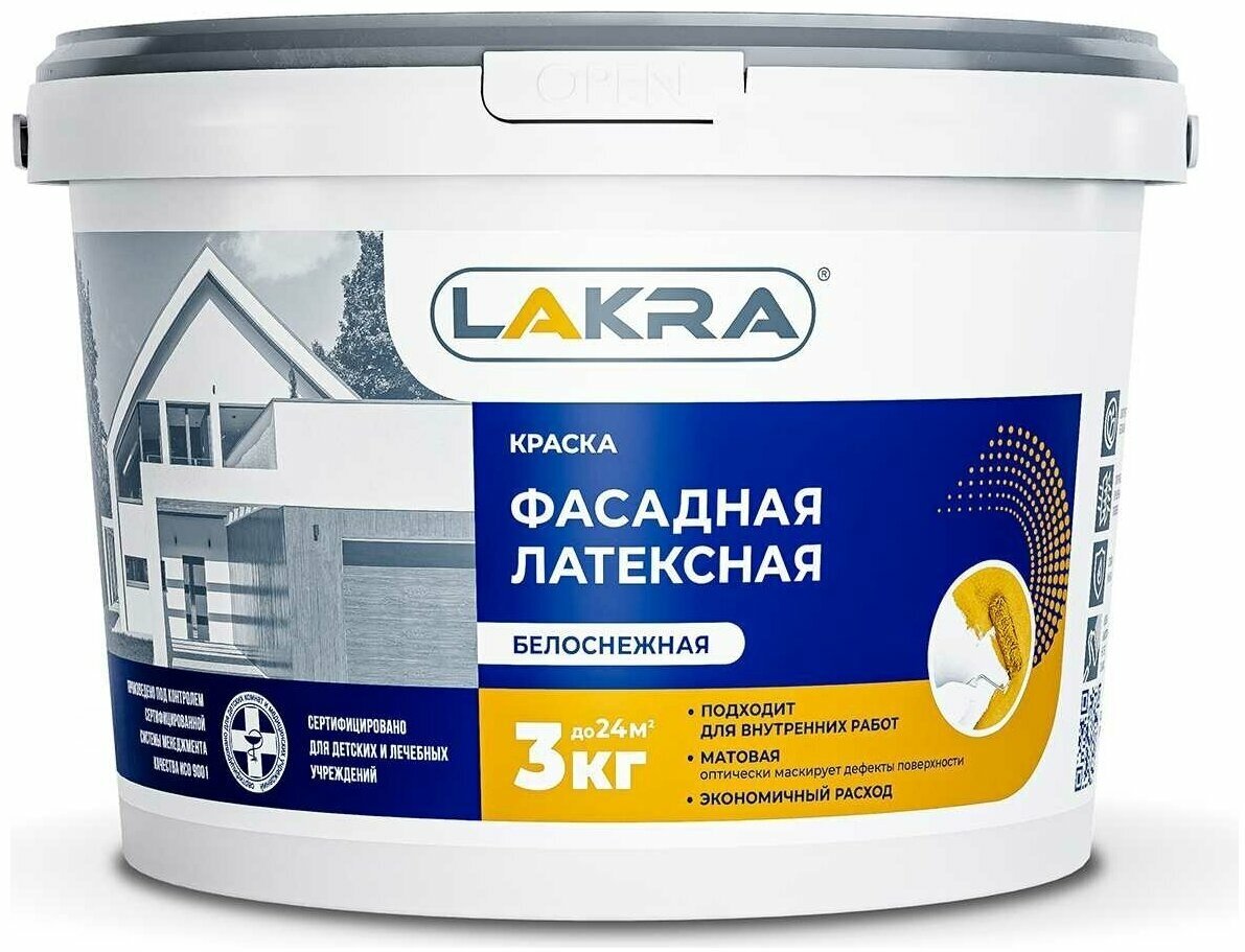 Краска ВД фасадная латексная ЛАКРА белая 3кг