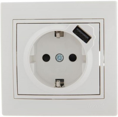 Lezard MIRA Розетка с/з+USB разьем белый с серой вставкой (10шт/120шт)701-0215-181