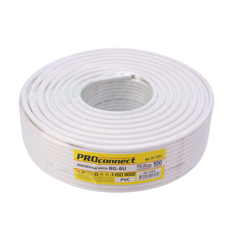 Провод TV RG-6U, 75 Ом, белый PROCONNECT LIGHT (омедненка) бухта 20 м PROCONNECT