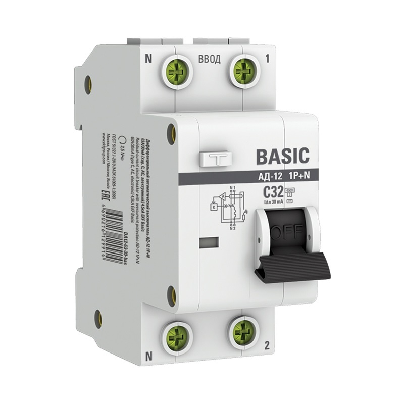 Дифференциальный автомат 4П 25А 30мА EKF PROxima АД-32 тип АС характеристика С 4,5кА 3П+N