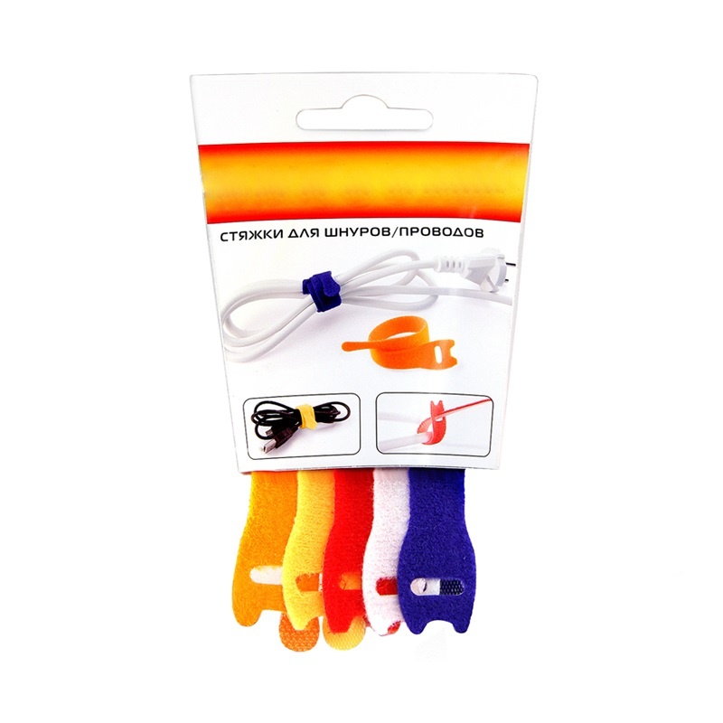 Стяжка-липучка многоразовая д/шнуров и проводов, 5 цветов, 1,2х20см, нейлон (уп.5шт)