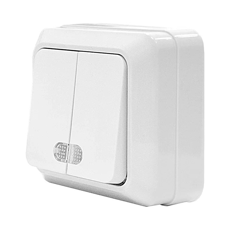 АЛЬФА Выключатель о/у, 2 клавиши, с индикатором, 10А, 230В, IP20, белый. ВА10-154