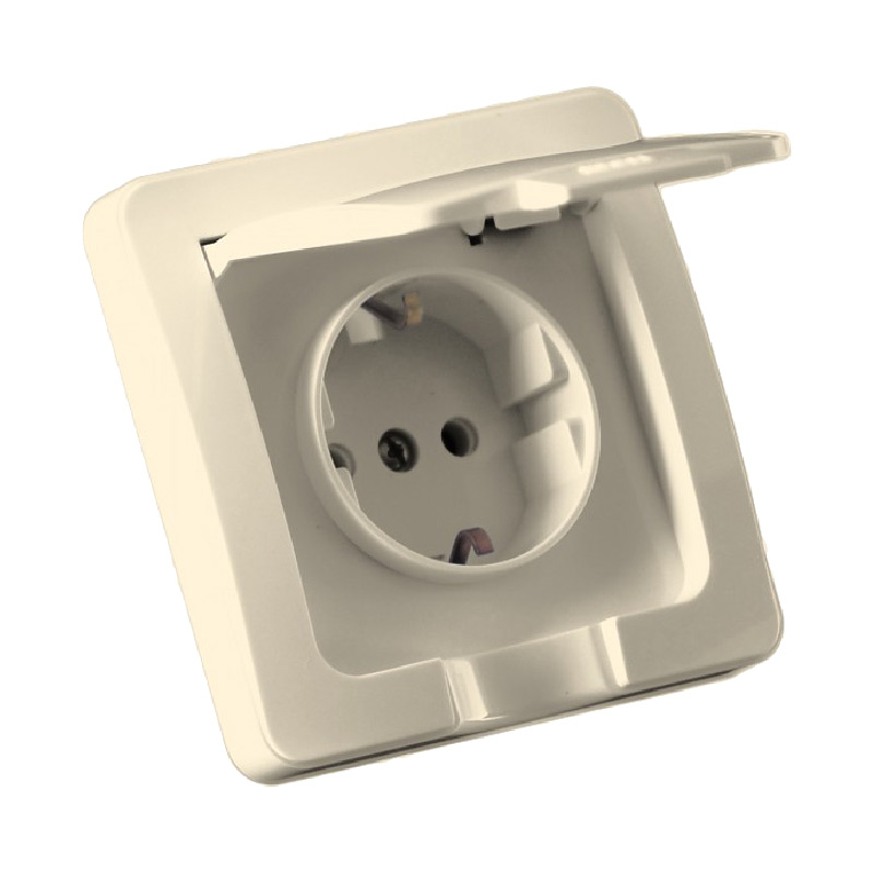 Розетка 2П+З с/у с защ. шт. и крышкой 16А 250В IP44 (основание керамика) белая "Таймыр" TDM