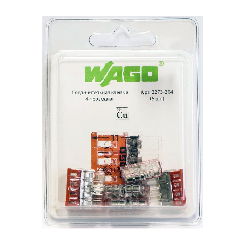 ВАГО Соед.клемма д/быстр. монтажа 2273-204 4-х пров.(0,5-2,5кв.мм) 450В, 24А, б/пасты, IP20 (уп.6шт)