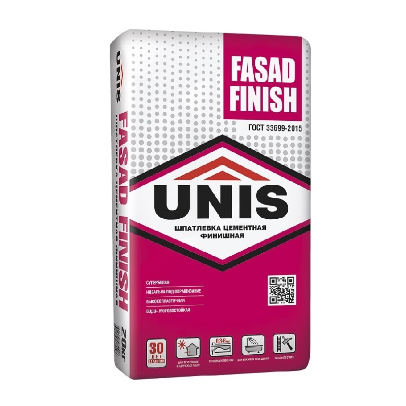 Юнис Шпаклевка цементная Фасад финиш белая, 20 кг