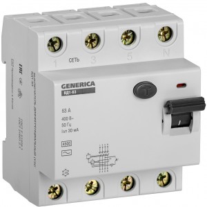Устройство защитного отключения 4П 63А 30мА Generica ВД1-63 MDV15-4-063-030
