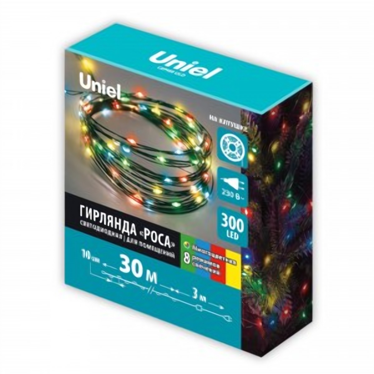 Гирлянда-нить ULD-S3000-300/DGA 300LED 30м разноцветная 8реж провод зелёный