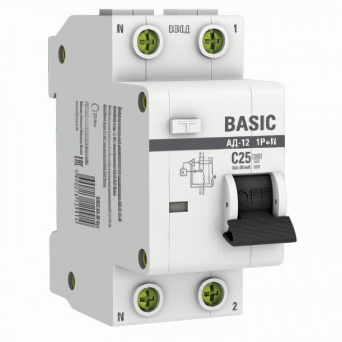 Дифференциальный автомат АВДТ АД-12 2P C25А 30мА тип AC 4,5кА DA12-25-30-bas EKF Basic