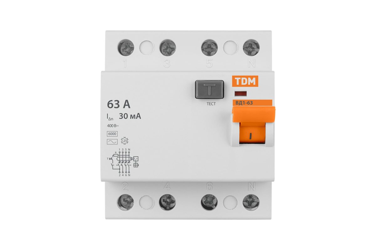 Устройство защитного отключения 4П 63А 30мА TDM ВД1-63 тип АС SQ0203-0044