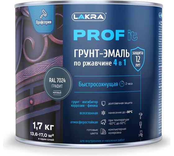 Грунт-эмаль 4в1 Лакра PROF IT Графит RAL7024 1,7кг быстросохнущая