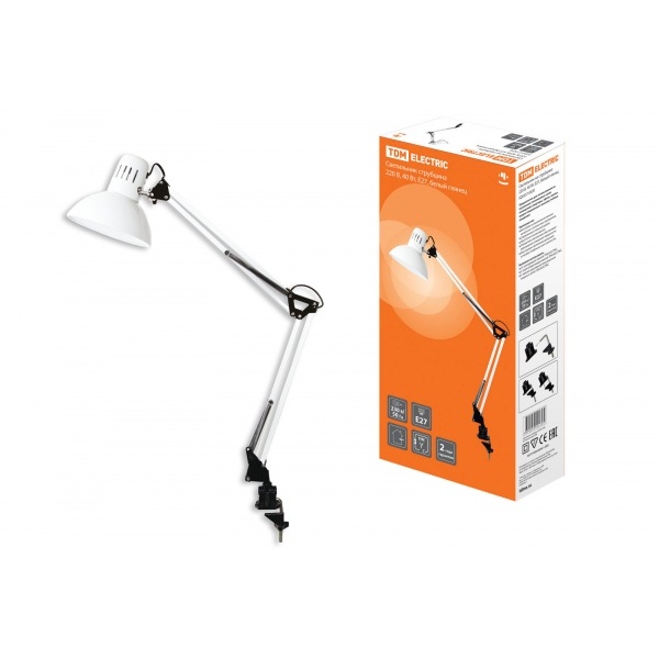 Настольный светильник TDM 220V 40Вт Е27 белый глянец, струбцина