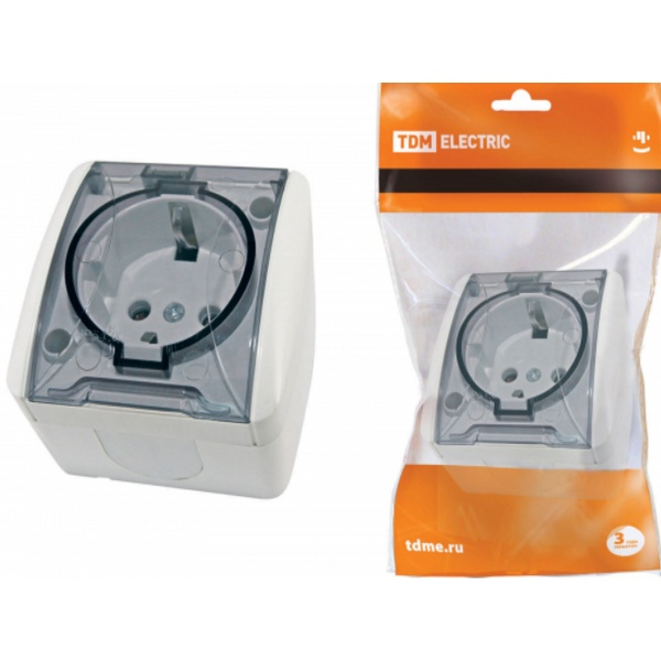 TDM Селигер Белый Розетка 2П+3 открытая установка IP54 16А с прозрачной крышкой SQ1818-0007