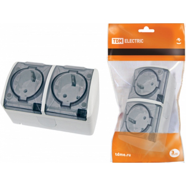 Розетка двойная 2П+3 о/у IP54 16А с прозрачной крышкой белая "Селигер" TDM