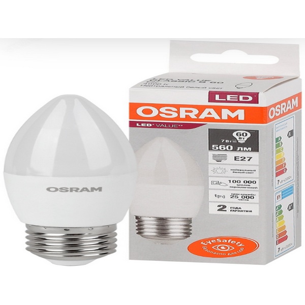 Светодиодная лампа OSRAM B60 7Вт 230В 6500К E14