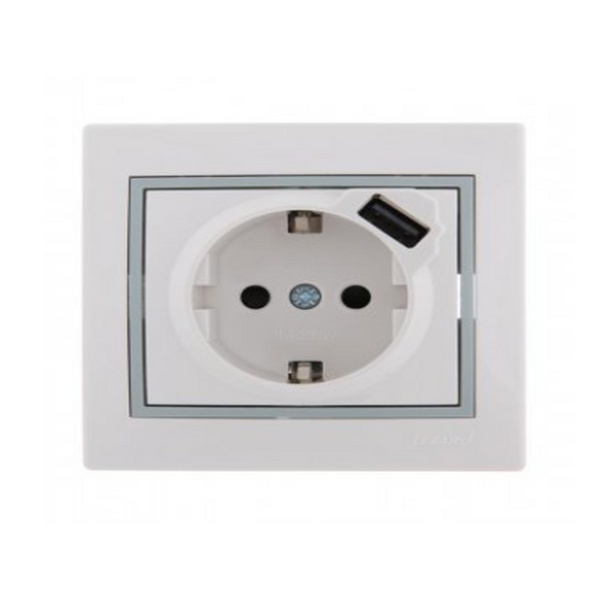Lezard MIRA Розетка с/з+USB разьем белый с серой вставкой (10шт/120шт)701-0215-181