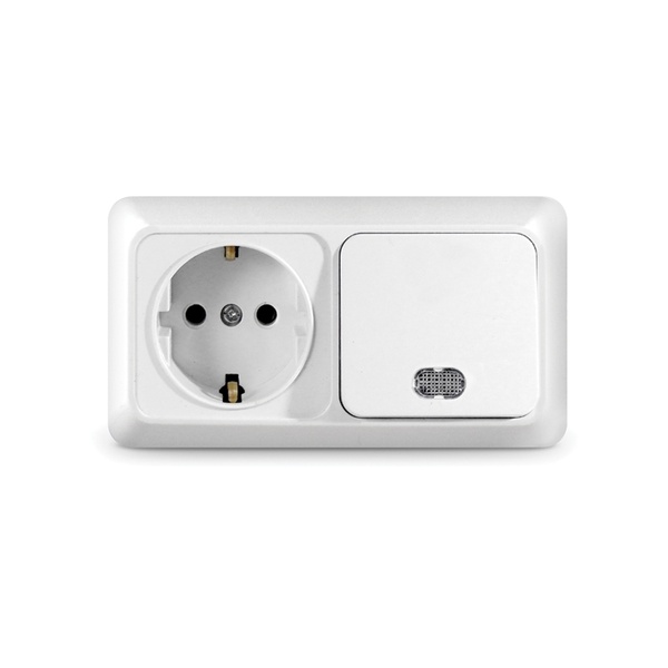 Блок розетка+1 кл. с подсв.горзонт.с/з Белый ОЛИМП 16А 220В О0036
