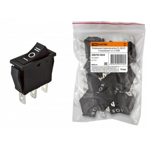 Клавишный переключатель YL-202-01 черный, 3 положения 1з+1з TDM