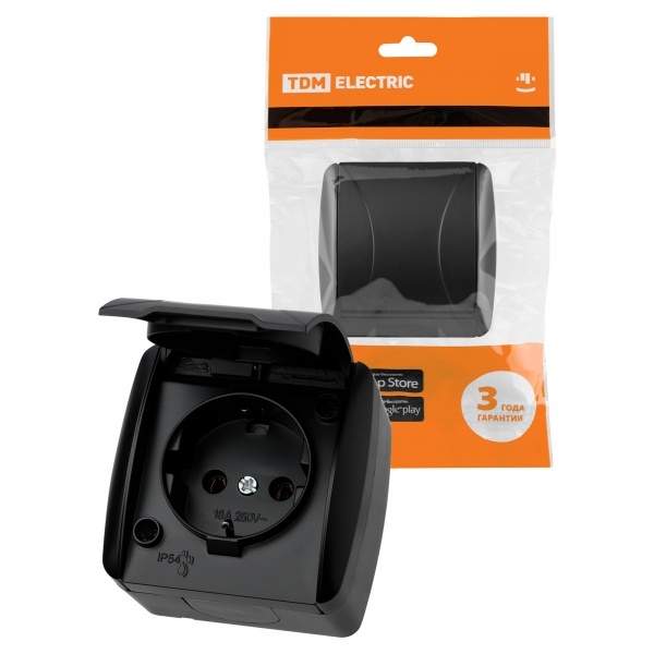 Розетка 2П+3 открытой установки IP54 16А с прозрачной крышкой графит "Селигер" TDM