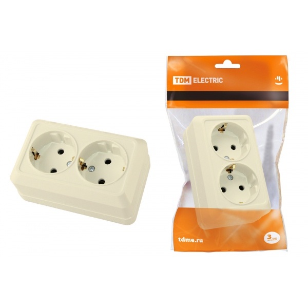 TDM Ладога Слоновая Кость Розетка 2-местная 2П+З открытая установка 16А IP20 SQ1801-0020