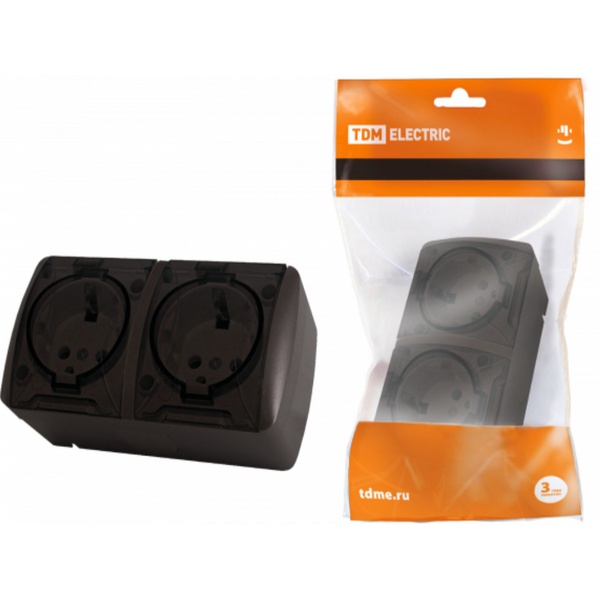 Розетка 2-местная 2П+3 открытой установки IP54 16А с прозрачной крышкой шоколад "Селигер" TDM