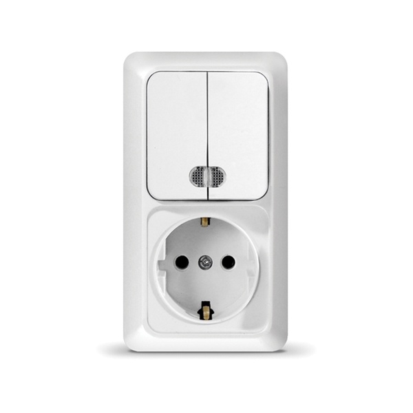 Блок розетка+выкл.2кл.верт. с подсвет. с/з О0041 Олимп