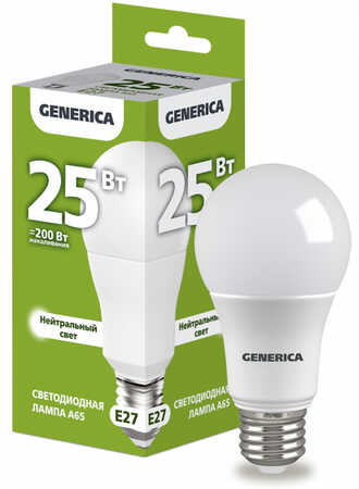 Лампа светодиодная A65 IEK GENERICA 25Вт 2500лм 4000К E27 65х135мм матовая LL-A65-25-230-40-E27-G