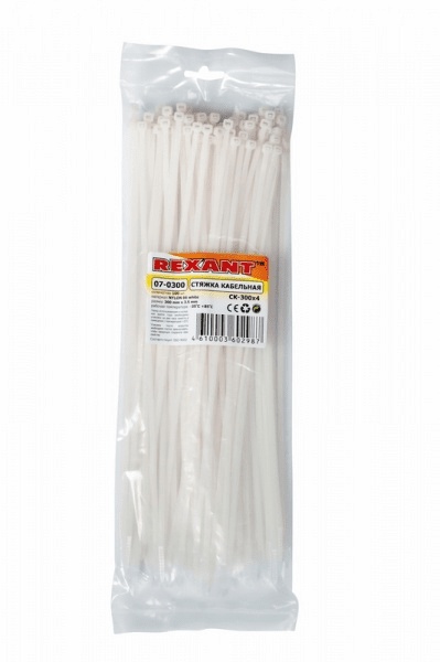 Хомут (стяжка) нейлон 3.6 х 300 белый (100шт) REXANT 07-0300