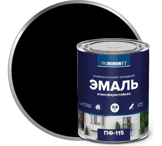 Эмаль ПФ-115 ПРОРЕМОНТ черная глянцевая (0,9кг)